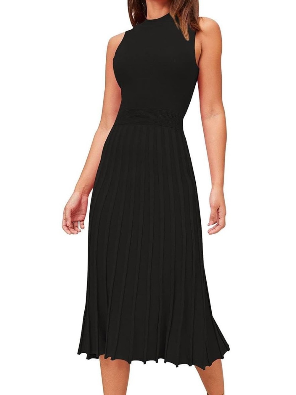 Black Pleated Midi Dress - Classic Sleeveless Design